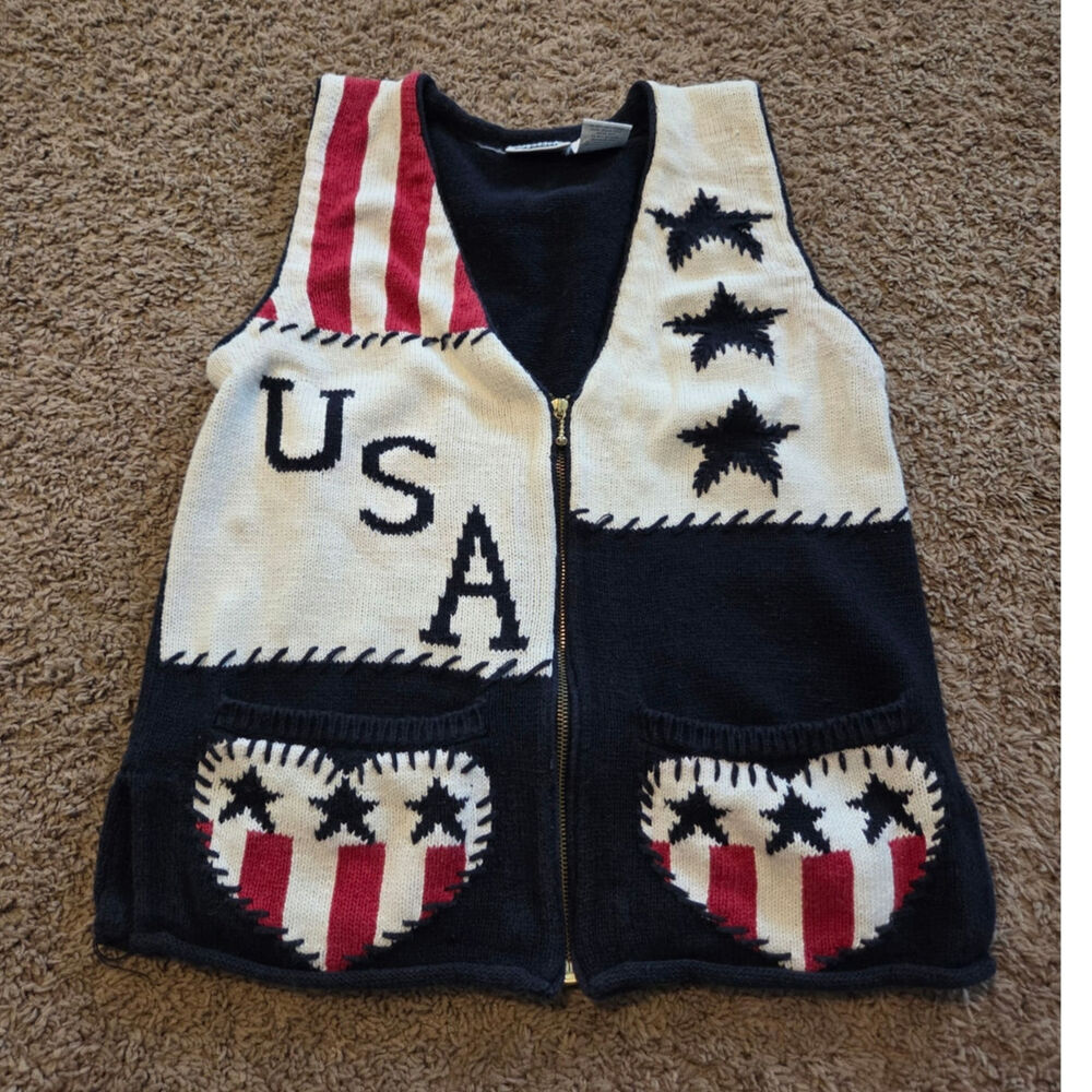 Vtg capacity knit sweater vest zip up USA stars stripes M